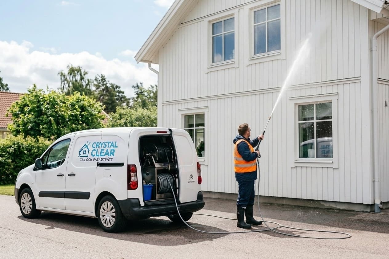 Crystal Clears servicebil med slangvinda kopplad till softwashbehandling av en fasad