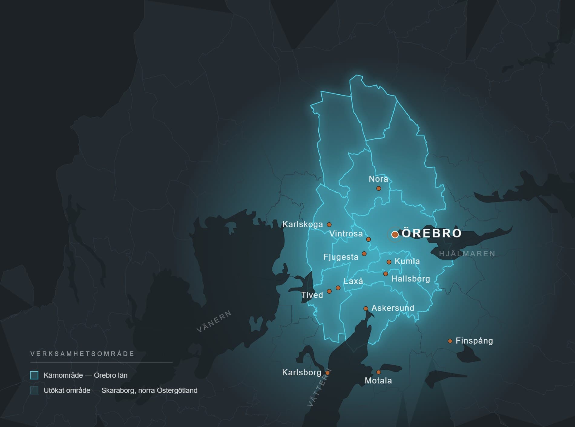 Karta över Crystal Clears verksamhetsområde: Örebro län samt delar av Skaraborg och norra Östergötland